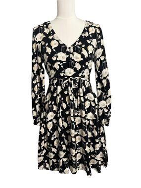 Frock Shop Black Floral Tie Waist Midi Dress Medium Long Sleeve Boho Cottagecore